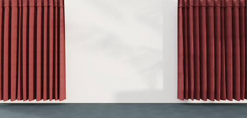Wall curtains in an empty room Product launch stage and performances Scene with the opening of the curtains 3D illustration