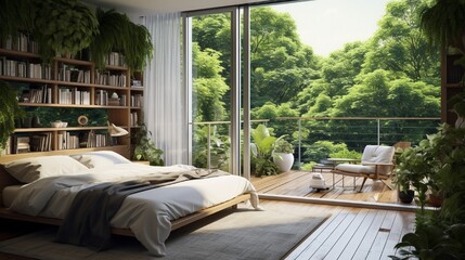 bedroom with balcony and green garden