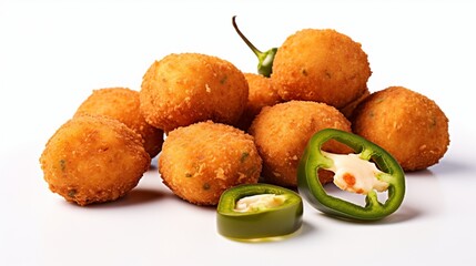 Crispy Cheese Jalapeno Bacon Bites with Cheddar and Jalapeno. Halopena with fried cheese balls on a white, isolated background.