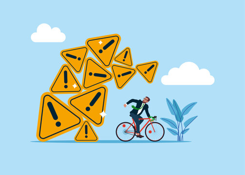 Human With Bicycle Running Away From Away From Collapsing Stack Of Exclamation Attention Sign. Problem, Job No Success. Modern Vector Illustration In Flat Style