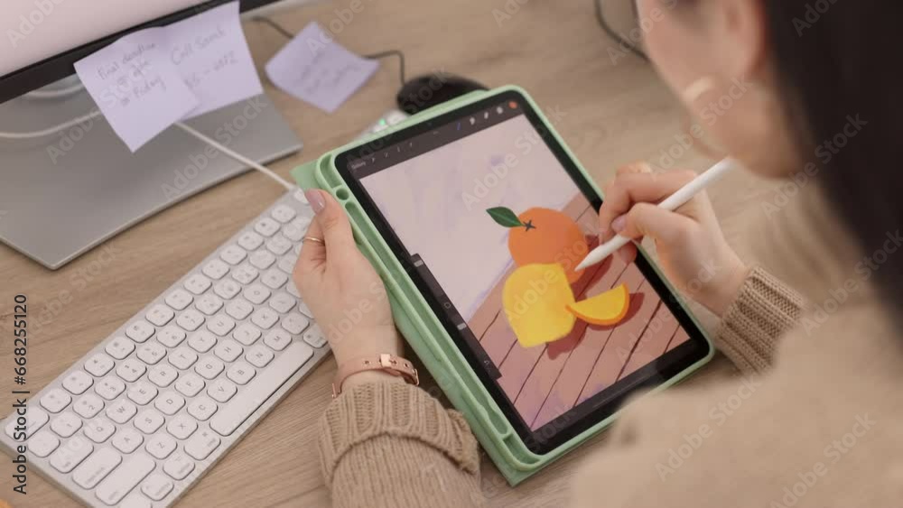 Poster graphic designer, creative drawing and digital tablet with woman using pen for fruit illustration of