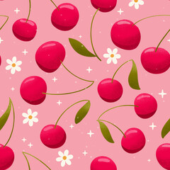 Seamless pattern with hand drawn cherries on pink background. Fruit and floral design in bright colors. Colorful illustration. - 668255134
