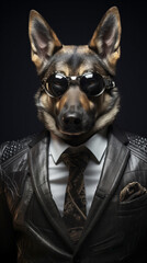 Dog, German Shepherd, dressed in a leather jacket and wearing sunglasses. Fashion portrait of an anthropomorphic animal, wolf, posing with a charismatic human attitude © mozZz