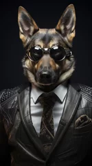 Dog, German Shepherd, dressed in a leather jacket and wearing sunglasses. Fashion portrait of an anthropomorphic animal, wolf, posing with a charismatic human attitude © mozZz