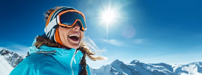 Poster Frau Skifahren, Snowboard, Lachen, Skibrille, Jacke, Berge, Kalt, generative AI   © Snke
