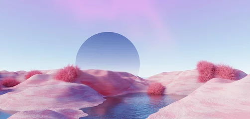 Foto op Plexiglas 3d Render, Abstract Surreal pastel landscape background with arches and podium for showing product, panoramic view, Colorful dune scene with copy space, blue sky and cloudy, Minimalist decor design © TANATPON