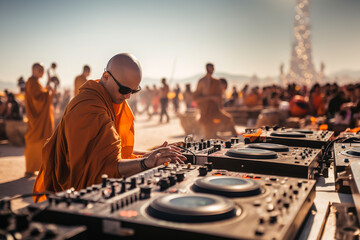 Selective focus at the back of Thai monks with orange Buddha uniform attend techno party play with controllers, turntables and DJ mixers in the middle of desert.

 - obrazy, fototapety, plakaty