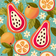 Seamless pattern with hand drawn papayas and oranges on light blue background. Fruit and floral design in bright colors. Colorful illustration. - 668255377
