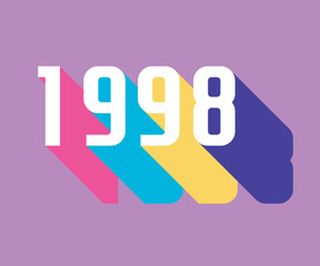 Colorful nineties lettering with colorful long shadow, retro and nostalgic color palette, 1998