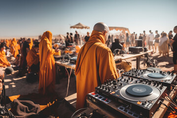 Selective focus at the back of Thai monks with orange Buddha uniform attend techno party play with controllers, turntables and DJ mixers in the middle of desert.