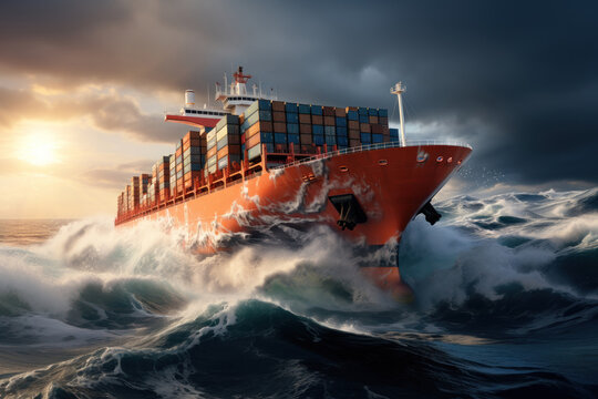 Container cargo ship on the sea with extremes storm. generative ai