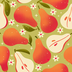 Seamless pattern with hand drawn pears on light green background. Fruit and floral design in bright colors. Colorful illustration. - 668255787