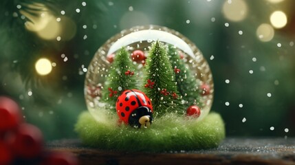 Fototapeta premium Christmas or New Year greeting card. Glass transparent ball lady bug inside with decorative Christmas trees around on snow covered moss with winter forest at background. Xmas holidays