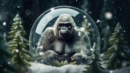 Christmas or New Year greeting card. Glass transparent ball gorilla inside with decorative Christmas trees around on snow covered moss with winter forest at background. Xmas holidays