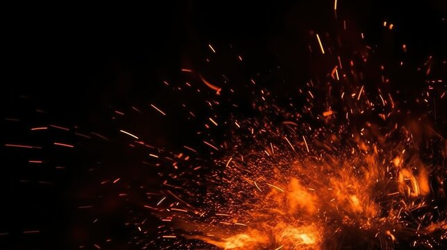 Perfekte Feuerpartikel, Glut, Funken auf schwarzem Hintergrund. Textur&uuml;berlagerungen, generative AI	
