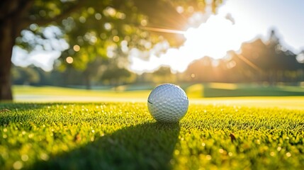Golfball auf dem Green bei Sonnenschein, generative AI	
 - obrazy, fototapety, plakaty