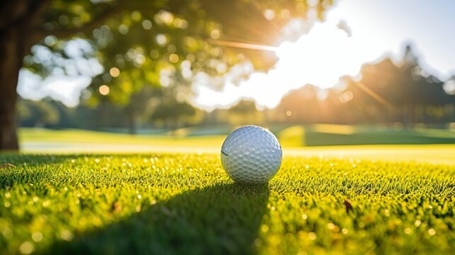 Golfball auf dem Green bei Sonnenschein, generative AI	
