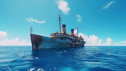 majestic rusty ship floating in the middle of the lost and old sea with a beautiful sky in high resolution