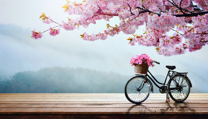 Bicycle with pink Sakura flower on wooden table in nature background.