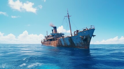 majestic rusty ship floating in the middle of the sea lost and old - obrazy, fototapety, plakaty