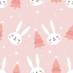 Christmas and New year seamless pattern with bunny rabbit cartoons, star and Christmas tree on pink background vector illustration.
