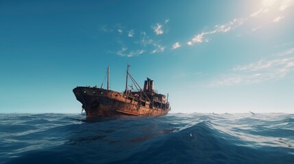 majestic rusty ship floating in the middle of the lost sea - obrazy, fototapety, plakaty