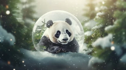 Zelfklevend Fotobehang Christmas or New Year greeting card. Glass transparent ball panda inside with decorative Christmas trees around on snow covered moss with winter forest at background. Xmas holidays © Muhammad