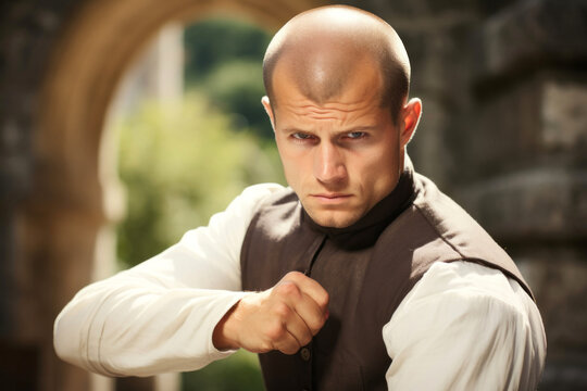 Hombre joven serio y rapado con posici&oacute;n de lucha. 
