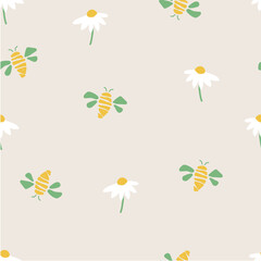 Seamless pattern with bee and daisy flower on. Cute childish print vector illustration.