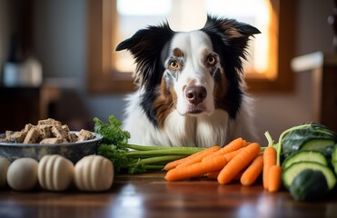dog sitting with carrots, food is served across a wooden floor,prepare to eating food