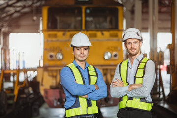 Portrait engineer two men standing in locomotive train depot friend technician team worker smart condident employee.