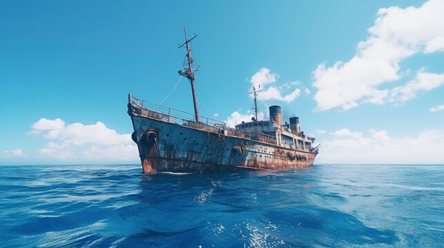 majestic rusty ship floating in the middle of the sea
