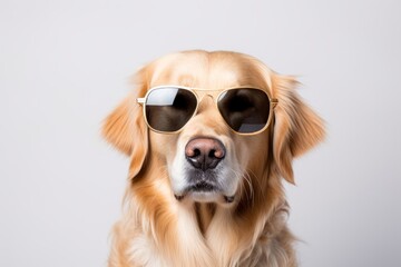 Photo of a Golden Retriever in sunglasses, striking a cool pose on a pristine white backdrop. Generative AI