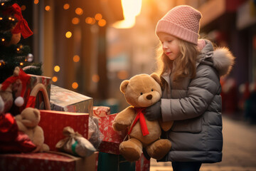 A heartwarming image of a child donating toys to a charity during the holidays. Generative Ai - obrazy, fototapety, plakaty
