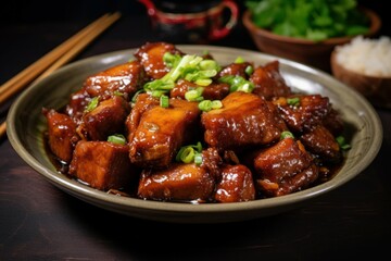 Tangy Chinese dish pork. Asian meal table. Generate Ai - obrazy, fototapety, plakaty