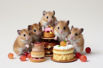 Photo of a group of hamsters sharing a miniature picnic against a white background. Generative AI