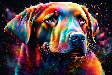 Produce a breathtaking depiction of a mesmerizing Labrador Retriever composed of colorful gases, playing fetch amidst the cosmic splendor