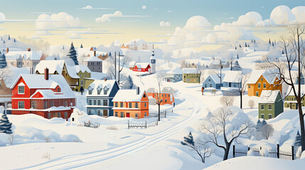 creative illustration of a snow-covered village in winter - obrazy, fototapety, plakaty