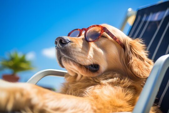 Photo of a Golden Retriever in sunglasses, striking a cool pose on a pristine white backdrop. Generative AI