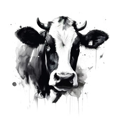 Black and white watercolor painting of a cow on a white background. Farm animals.