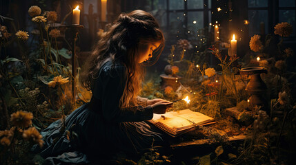 A young girl holds a candle over a book and reads