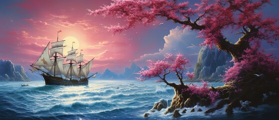 painting style illustration, sailing boat in rough sea with flower blossom, generative Ai - obrazy, fototapety, plakaty