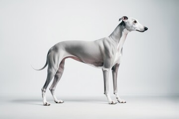 Photo of a graceful Greyhound in a sleek, elegant stance against a clean white background. Generative AI