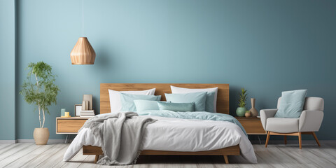 Fototapeta na wymiar Stilvolles Schlafzimmer in blau Ton und schöner Dekoration im modernen Ambiente, ai generativ