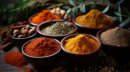 Top view of Herbal Spices on table, cooking ingredients with copy space, Food background