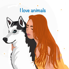 Animal love: Woman with her Husky, transparent background