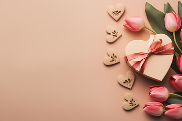 festive layout with tulips and a gift with ribbons on a pastel background. copy space. top view. flat lay. concept of mother's day, valentines day, eighth of march