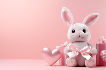 gift with a pink bow and a cute little bunny on a pastel background. gift for Valentine's Day or Easter. copy space.