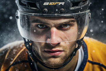 Ice hockey player sportsman in helmet serious facial expression Generative AI portrait closeup
