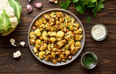 Roasted cauliflower on wooden background